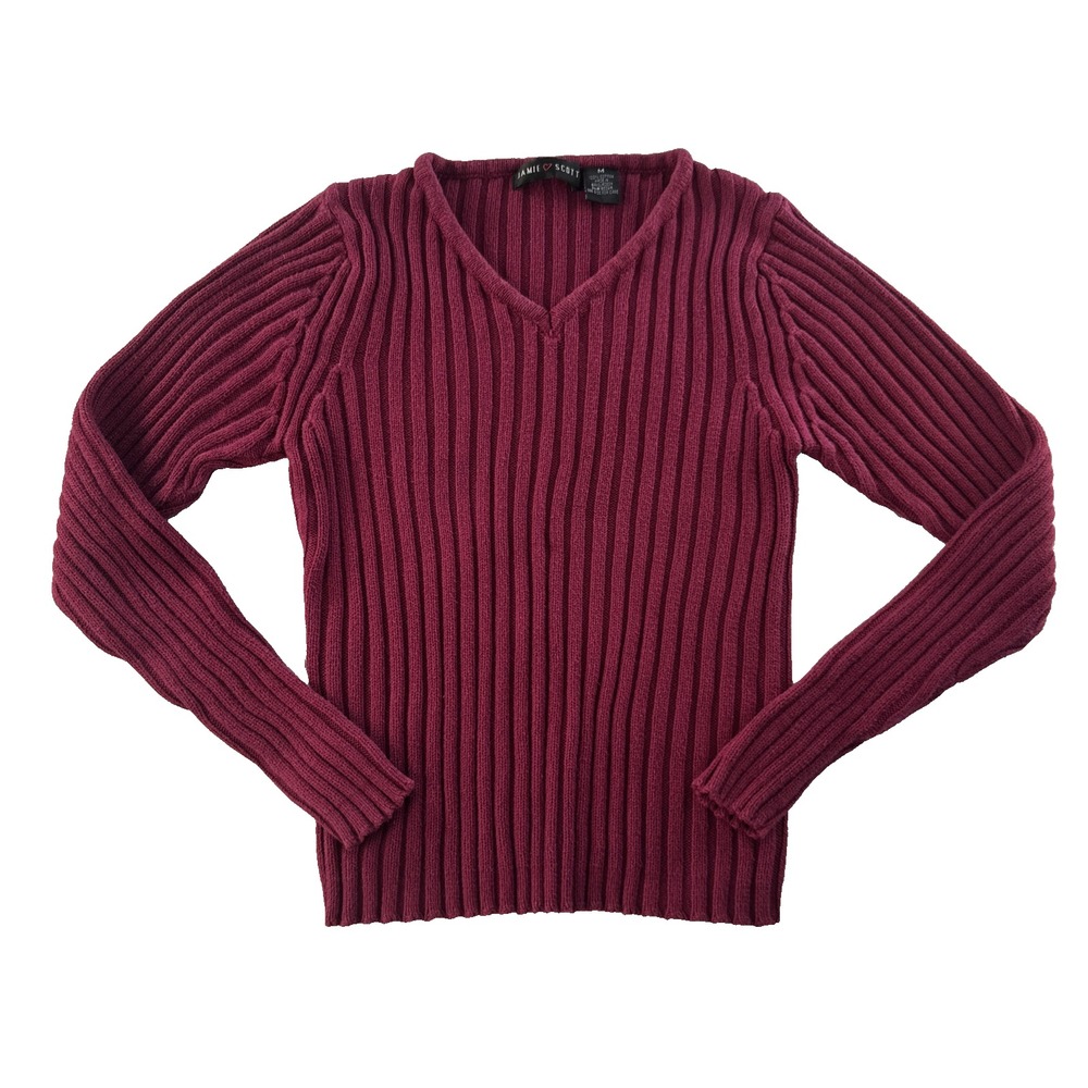 Jamie Scott Sweater Women's Medium‎ Burgundy 100% Cotton V-Neck 90s Vintage Knit
